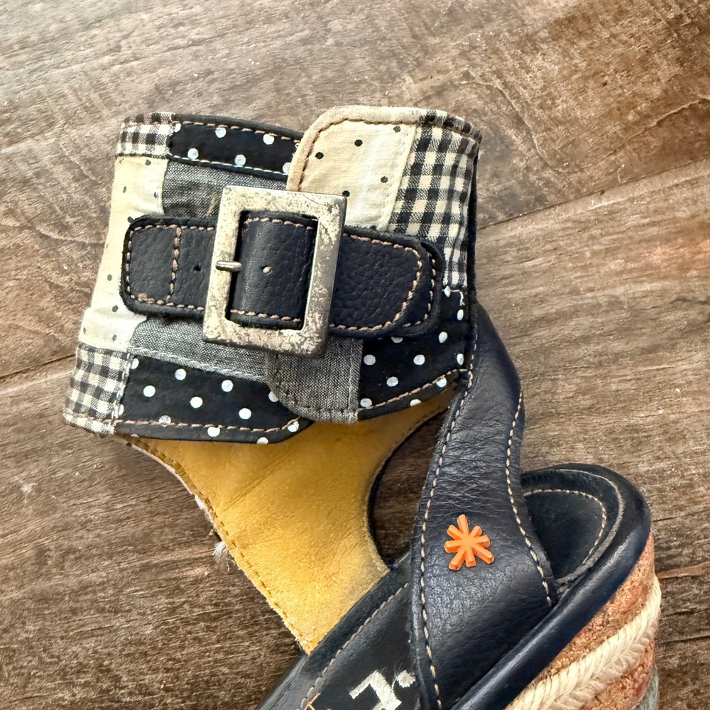 Art Vintage Women's Patchwork Gingham Dot Black Leather Jute Wedge Sandals,39 - Picture 6 of 12